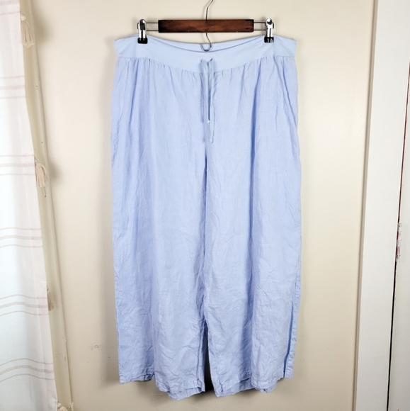 Flax Light Blue Linen Cropped Wide Leg Pants
